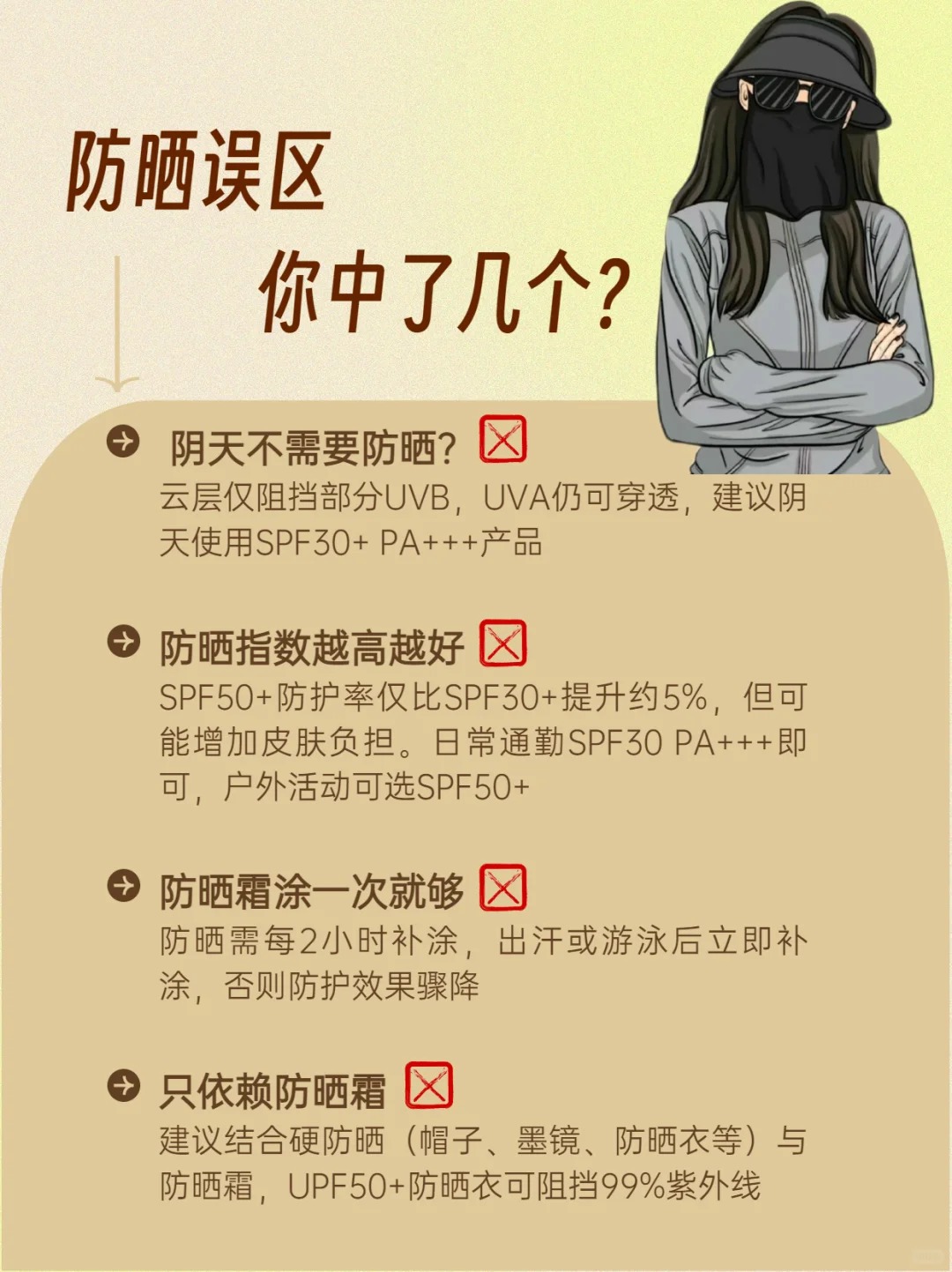 🌞 防晒ABC原则。✅ 尽量避免阳光直射； 。✅ 硬防晒！帽子、口罩、防晒衣、遮阳伞一个都不能少！ 。✅ 正确涂抹防晒霜，每2小时补涂！。💡记住：防晒是最便宜的抗老医美！